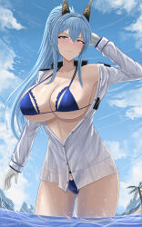 Rule 34 | 1girl, archstreal, armpit crease, armpits, bare shoulders, beach, bikini, bikini under clothes, blue bikini, blue eyes, blue hair, blue sky, blush, braid, breasts, cleavage, closed mouth, collarbone, french braid, gloves, goddess of victory: nikke, helm (aqua marine) (nikke), helm (nikke), highres, large breasts, long hair, long sleeves, looking at viewer, ocean, open clothes, ponytail, sidelocks, sky, solo, swimsuit, thighs, wet, wet clothes, white gloves
