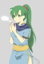 Rule 34 | 1girl, blush, breasts, breath, cold, fire emblem, fire emblem: the blazing blade, green eyes, green hair, long hair, lyn (fire emblem), matching hair/eyes, nintendo, ponytail, sash, scarf, simple background, solo