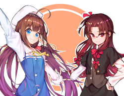 Rule 34 | 10s, 2girls, ahoge, arm above head, bad id, bad pixiv id, beret, black jacket, black skirt, blouse, blue dress, blunt bangs, bow, brown hair, dress, frown, gradient hair, hair between eyes, hair ribbon, hand on own hip, hat, heart, heart in eye, highres, hinatsuru ai, jacket, layered sleeves, long hair, long sleeves, looking at viewer, multicolored hair, multiple girls, open clothes, open hand, open jacket, outstretched hand, parted bangs, purple hair, red bow, red eyes, ribbon, ryuuou no oshigoto!, se.a, shirt, short over long sleeves, short sleeves, side ponytail, simple background, skirt, smile, symbol in eye, tress ribbon, two-tone background, very long hair, waistcoat, white beret, white hat, white shirt, yashajin ai