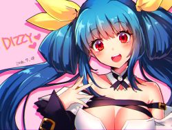 Rule 34 | 10s, 1girl, 2016, :d, bare shoulders, blue hair, blush, breasts, character name, cleavage, dated, detached collar, dizzy (guilty gear), eyebrows, fujisaki (hjsk), guilty gear, guilty gear xrd, hair ribbon, large breasts, long hair, looking at viewer, open mouth, pink background, red eyes, ribbon, smile, solo, twintails, yellow ribbon