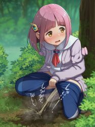 Rule 34 | 1girl, arisu kazumi, blue pants, blush, breath, bush, cardigan, clothes pull, creatures (company), forest, game freak, grass, hair ornament, hairclip, lacey (pokemon), long sleeves, looking to the side, nature, neckerchief, nintendo, open mouth, panties, pants, pants pull, panty pull, peeing, pink hair, pink panties, pokemon, pokemon sv, puddle, purple cardigan, red neckerchief, shirt, shoes, short hair, squatting, steam, sweat, tree, underwear, white footwear, white shirt, yellow eyes
