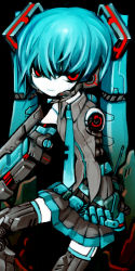 Rule 34 | 1girl, android, aqua hair, female focus, hatsune miku, headphones, headset, highres, joints, mecha musume, necktie, red eyes, robot joints, skirt, solo, thighhighs, twintails, vocaloid, zinbei