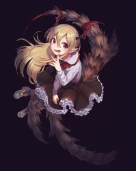 Rule 34 | 10s, 1girl, :d, bat wings, black skirt, blonde hair, boots, collared shirt, demon tail, fang, flower, frilled shirt, frills, fuji fujino, gradient background, granblue fantasy, hair between eyes, head wings, long hair, long sleeves, looking away, looking up, multiple tails, open mouth, red eyes, red flower, red rose, rose, shingeki no bahamut, shirt, skirt, slit pupils, smile, solo, tail, vampire, vampy, white shirt, wings