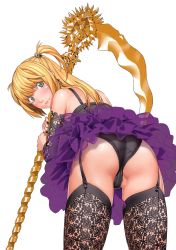 Rule 34 | 1girl, amane misa, ass, bent over, black olive, blonde hair, death note, garter belt, garter straps, green eyes, highres, looking at viewer, looking back, panties, scythe, shiny skin, smile, solo, sugaishi, sugaishi (unbr), thighhighs, transparent background, twintails, two side up, underwear