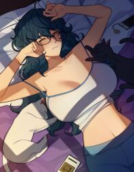 Rule 34 | 1girl, absurdres, aoba tsumugi, black cat, blue hair, blue pants, breasts, cat, cellphone, cleavage, closed eyes, closed mouth, ensemble stars!, genderswap, genderswap (mtf), glasses, highres, large breasts, long hair, lummy yummy, lying, on back, pants, phone, smartphone, tank top, wavy hair, white cat, white tank top