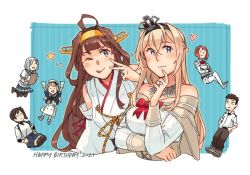 Rule 34 | 1boy, 6+girls, admiral (kancolle), ahoge, ark royal (kancolle), arms up, birthday, black legwear, blonde hair, borrowed character, breasts, brown hair, closed eyes, closed mouth, crossed arms, crown, dated, detached sleeves, double bun, dress, gift art, gloves, hair between eyes, hair bun, hair ornament, hair over one eye, hairclip, hamakaze (kancolle), happy birthday, hat, headgear, japanese clothes, jervis (kancolle), jewelry, kaga (kancolle), kantai collection, kongou (kancolle), long hair, long sleeves, mini crown, multiple girls, necklace, off-shoulder dress, off shoulder, one eye closed, open mouth, pantyhose, red hair, ring, sailor collar, sailor dress, school uniform, serafuku, short hair, silver hair, simple background, smile, sparkle, star (symbol), thighhighs, v, warspite (kancolle), wedding band, weidashming, white gloves, white headwear, white legwear