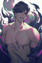 Rule 34 | 1boy, bare pectorals, belial (granblue fantasy), black hair, black jacket, feather boa, granblue fantasy, hand on own chest, highres, jacket, lalatia-meai, looking at viewer, male focus, navel, nipples, off shoulder, open clothes, open jacket, pectorals, short hair, smile, solo, teeth, toned, toned male, upper body