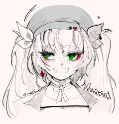 Rule 34 | 1girl, absurdres, character name, commentary, dokibird (vtuber), earrings, english commentary, green eyes, hat, highres, indie virtual youtuber, jacket, jewelry, oriigirii, simple background, single earring, sketch, smile, spot color, twintails, twitter username, upper body, virtual youtuber, white background