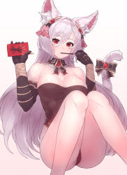 1girl, absurdres, animal ear fluff, animal ears, bangs, bare shoulders, black gloves, black leotard, breasts, brooch, cat ears, cat girl, cat tail, cleavage, collarbone, detached collar, eating, elbow gloves, embroidered gloves, embroidered leotard, embroidery, eyelashes, food, gloves, hair between eyes, highleg, highleg leotard, highres, jewelry, king&#039;s raid, kirze, large breasts, leotard, long hair, looking at viewer, pocky, pocky day, red eyes, ribbon, silver hair, simple background, sitting, solo, strapless, strapless leotard, swept bangs, tail, tail ornament, tail ribbon, taut clothes, taut leotard, white background, wing collar, yu mochi (kamiinu)
