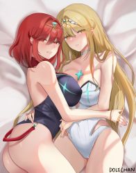 Rule 34 | 2girls, absurdres, artist name, ass, bare shoulders, black one-piece swimsuit, blonde hair, blush, breasts, chest jewel, cleavage, competition swimsuit, covered navel, dolechan, gem, headpiece, highres, jewelry, large breasts, long hair, looking at viewer, multiple girls, mythra (radiant beach) (xenoblade), mythra (xenoblade), one-piece swimsuit, parted lips, pyra (pro swimmer) (xenoblade), pyra (xenoblade), red eyes, red hair, selfcest, short hair, smile, strapless, strapless one-piece swimsuit, swept bangs, swimsuit, teeth, thighs, tiara, two-tone swimsuit, very long hair, white one-piece swimsuit, xenoblade chronicles (series), xenoblade chronicles 2, yellow eyes, yuri