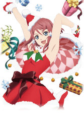 Rule 34 | 10s, 1girl, argyle, argyle, armpits, blue eyes, capelet, dress, fur trim, gift, gloves, happy, jingle bell, looking at viewer, pink hair, rose (tales), santa costume, santa hat, short hair, simple background, smile, solo, tales of (series), tales of zestiria, white background