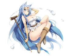 Rule 34 | 1boy, 1girl, animal ears, bare shoulders, blue eyes, blue hair, blush, breasts, brown footwear, cape, cat ears, circlet, cleavage, detached sleeves, dragon quest, dragon quest iii, dress, elbow gloves, full body, gloves, impossible clothes, kemonomimi mode, large breasts, long hair, looking at viewer, off-shoulder dress, off shoulder, sage (dq3), short dress, smile, solo, staff, thighs, white dress, xe (execut3r)