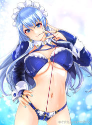 Rule 34 | 1girl, arched back, bikini, blue eyes, blue hair, bra, breasts, bridal gauntlets, cameltoe, cleavage, collarbone, detached collar, detached sleeves, earrings, gustav (telomere na), hand on own hip, highres, hoop earrings, jewelry, large breasts, looking at viewer, mouth hold, nail polish, no bra, o-ring, o-ring bikini, original, panties, puffy sleeves, ring, smile, solo, thighhighs, thread, underwear, wind, wrist cuffs
