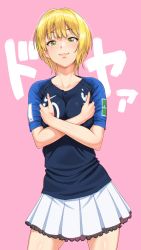 Rule 34 | 2018 fifa world cup, blonde hair, breasts, crossed arms, derivative work, green eyes, highres, idolmaster, idolmaster cinderella girls, idolmaster cinderella girls starlight stage, jersey, medium breasts, miniskirt, miyamoto frederica, nigou, photo-referenced, short hair, skirt, smug, soccer, world cup