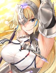 Rule 34 | 1girl, armor, armored dress, armpits, arms up, blonde hair, blue eyes, breasts, chain, closed mouth, fate/grand order, fate (series), gauntlets, headpiece, jeanne d&#039;arc (fate), jeanne d&#039;arc (ruler) (fate), jeanne d&#039;arc (third ascension) (fate), kitagawa onitarou, large breasts, long hair, looking at viewer, solo, upper body