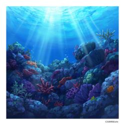 Rule 34 | air bubble, bubble, coral, coral reef, highres, no humans, ocean, original, painting (medium), seafloor, shadow, shallow water, still life, sunlight, sunrise arte, traditional media, underwater, water