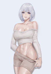 Rule 34 | 1girl, abs, absurdres, bare shoulders, breasts, cleavage, covered erect nipples, gcg, girls&#039; frontline, highres, leggings, leggings pull, long sleeves, looking at viewer, navel, off-shoulder shirt, off shoulder, purple eyes, rpk-16 (girls&#039; frontline), seductive smile, shirt, short hair, skin tight, skindentation, smile, solo, white background, white hair