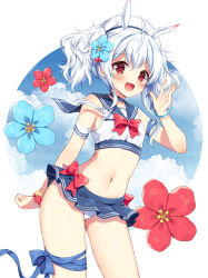 Rule 34 | 1girl, :d, animal ears, blouse, blue choker, blue ribbon, blue sailor collar, blue skirt, blue sky, blush, bow, bowtie, bracelet, choker, cloud, commission, day, djmax, djmax respect, flower, hand up, highres, jewelry, leg ribbon, looking at viewer, mauve, midriff, navel, open mouth, panties, pantyshot, pixiv commission, red bow, red bowtie, red eyes, ribbon, sailor collar, shirt, short hair, simple background, skirt, sky, sleeveless, sleeveless shirt, smile, solo, standing, suee, thighs, twintails, underwear, white background, white hair, white panties, white shirt