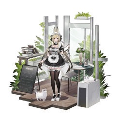 Rule 34 | 1girl, absurdres, animal ear fluff, animal ears, ankle bow, ankle ribbon, anklet, apron, black bow, black dress, black thighhighs, blonde hair, blunt bangs, book, book stack, bow, cat, chair, dress, flower, frilled dress, frilled thighhighs, frills, full body, garter straps, high heels, highres, holding, holding menu, holding pencil, jewelry, leg ribbon, long hair, looking at viewer, maid, maid apron, maid headdress, menu, menu board, miqilinfeizainie, original, parted lips, pencil, plant, plate, puffy short sleeves, puffy sleeves, ribbon, round table, short dress, short sleeves, sidelocks, solo, standing, table, thighhighs, vase, very long hair, waist apron, waitress, white apron, white background, white bow, white cat, white footwear, window, wooden floor, wrist cuffs
