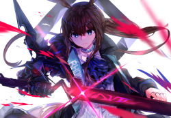 Rule 34 | 1girl, amiya (arknights), animal ears, arknights, black coat, blue eyes, brown hair, choker, closed mouth, coat, diffraction spikes, frown, gauntlets, highres, holding, holding sword, holding weapon, hood, hood down, hooded coat, ascot, jewelry, long hair, long sleeves, looking at viewer, multiple rings, open clothes, open coat, ponytail, rabbit ears, ring, shirt, solo, sword, tetra (ktet4 illu), upper body, weapon, white shirt
