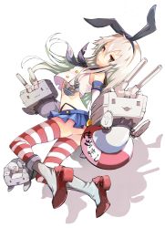 Rule 34 | 10s, 1girl, animal ears, ass, blonde hair, brown eyes, elbow gloves, fake animal ears, gloves, high heels, innertube, kantai collection, long hair, personification, rabbit ears, sailor collar, school uniform, serafuku, settyaro, shimakaze (kancolle), silver hair, simple background, solo, striped clothes, striped thighhighs, swim ring, thighhighs, white background
