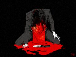 Rule 34 | 1boy, apron, black background, black eyes, black hair, black jacket, blood, blood on hands, clenched hand, facing away, full body, hand on own thigh, head down, highres, jacket, kimi ga shine, kitchen knife, kneeling, long hair, long sleeves, male focus, pool of blood, red apron, reflection, saesoon dobby, satou kai, signature, simple background, solo, static, sweatdrop
