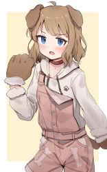 Rule 34 | 1girl, :o, animal ears, animal hands, blue eyes, blush, character request, check character, collar, commentary, cowboy shot, dog ears, dog tail, drawstring, fang, fur-trimmed sleeves, fur trim, gloves, highres, hood, hood down, hoodie, idolmaster, idolmaster cinderella girls, light brown hair, long sleeves, looking at viewer, medium hair, overall shorts, overalls, paw gloves, shone, simple background, solo, suou momoko, tail, yellow background