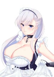 Rule 34 | 1girl, apron, azur lane, bare shoulders, belfast (azur lane), blue eyes, blush, braid, breasts, broken, chain, choker, cleavage, closed mouth, collar, collarbone, dress, elbow gloves, french braid, frills, gloves, large breasts, long hair, looking at viewer, maid, maid apron, maid headdress, smile, solo, upper body, user pgja3372, white apron, white background, white dress, white gloves, white hair