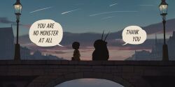 Rule 34 | 1girl, absurdres, building, cloud, commentary, creature, english commentary, english text, from behind, highres, horns, lamppost, original, outdoors, shooting star, solo, speech bubble, zevania