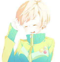 Rule 34 | &gt; &lt;, 1girl, :d, atlus, badge, breasts, brown hair, button badge, closed eyes, jacket, open mouth, persona, persona 4, satonaka chie, short hair, smile, solo, tomboy, track jacket, upper body, xd, yui (marine-drive)