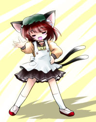 Rule 34 | 1girl, alternate costume, animal ears, apron, blush, blush stickers, brown hair, cat ears, cat girl, cat tail, chen, closed eyes, contemporary, female focus, full body, hand on own hip, hat, highres, hip focus, kneehighs, multiple tails, open mouth, school uniform, shoes, simple background, socks, solo, standing, tail, touhou, yume shokunin