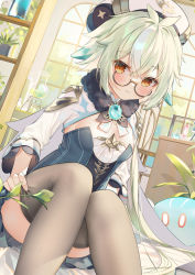 Rule 34 | 1girl, animal ears, beret, blue dress, blush, breasts, cape, cat ears, chen bin, dress, genshin impact, gloves, gold trim, green hair, grey thighhighs, has bad revision, has cropped revision, hat, highres, long hair, looking at viewer, md5 mismatch, medium breasts, orange eyes, ponytail, resolution mismatch, short dress, shrug (clothing), sitting, slime (genshin impact), source smaller, sucrose (genshin impact), thighhighs, thighs, white cape, white gloves, white headwear