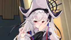 Rule 34 | 1girl, 1other, arknights, black headwear, black nails, blush, closed mouth, clothing cutout, doctor (arknights), fingernails, grey hair, hair between eyes, hand on another&#039;s cheek, hand on another&#039;s face, highres, long fingernails, long hair, long sleeves, long wuxian, looking at viewer, nail polish, nose blush, pov, red eyes, shoulder cutout, smile, solo focus, specter (arknights), upper body