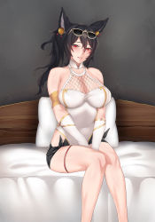 Rule 34 | 1girl, animal ears, armband, bare shoulders, black hair, black shorts, blush, breasts, cleavage, detached sleeves, ear piercing, erune, eyewear on head, granblue fantasy, hair between eyes, halterneck, ilsa (granblue fantasy), jjanda, large breasts, long hair, looking at viewer, on bed, one-piece swimsuit, piercing, pillow, ponytail, red eyes, shorts, sitting, smile, solo, sunglasses, swimsuit, thigh strap, thighs, white one-piece swimsuit