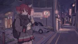 Rule 34 | 1girl, absurdres, backpack, bag, black jacket, breath, building, car, chain, city, closed mouth, digital media player, drill hair, earphones, hair ribbon, highres, holding, jacket, kasane teto, kasane teto (sv), long sleeves, motor vehicle, night, outdoors, parking lot, plaid, plaid scarf, red hair, ribbon, scarf, sign, solo, synthesizer v, twin drills, utau, white hair, white ribbon, yunoki itsugu