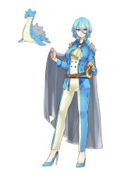 Rule 34 | 1girl, aotora 1417, ascot, belt, blue footwear, blue hair, cape, creatures (company), game freak, gen 1 pokemon, grey cape, grey eyes, high heels, highres, holding, holding cape, holding clothes, lapras, looking at viewer, nintendo, personification, pokemon, pokemon (creature), rapier, shoes, smile, solo, standing, sword, weapon, white background