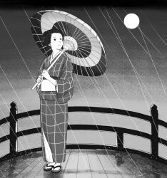 Rule 34 | 1girl, full body, full moon, greyscale, japanese clothes, kanai (nai nai), kimono, monochrome, moon, oil-paper umbrella, original, outdoors, rain, sandals, short hair, standing, umbrella, zouri