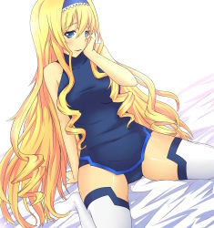 Rule 34 | 10s, 1girl, arm behind back, arm support, bed sheet, blonde hair, blue eyes, blush, bodysuit, breasts, cecilia alcott, drill hair, dutch angle, full body, hair between eyes, hairband, halterneck, hand on own face, highres, hisa tsuki, infinite stratos, lace, leotard, long hair, on bed, parted lips, pilot suit, raised eyebrows, sidelocks, simple background, sitting, solo, spread legs, thighhighs, turtleneck, very long hair, wariza, white background, white thighhighs, zettai ryouiki