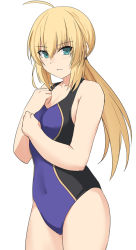Rule 34 | 1girl, ahoge, artoria pendragon (all), artoria pendragon (fate), bare arms, bare shoulders, black one-piece swimsuit, blue one-piece swimsuit, blush, character request, check character, collarbone, competition swimsuit, cowboy shot, fate/grand order, fate (series), hair between eyes, long hair, looking at viewer, navel, official alternate costume, one-piece swimsuit, ponytail, saber (fate), saber (summer battle clothes) (fate), shiseki hirame, simple background, solo, swimsuit, white background