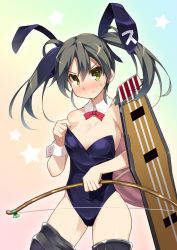 Rule 34 | 10s, 1girl, alternate costume, anger vein, animal ears, bare shoulders, blush, bow, bow (weapon), bowtie, breasts, cleavage, detached collar, fake animal ears, green eyes, grey hair, highres, hoppege, kantai collection, long hair, looking at viewer, playboy bunny, rabbit ears, solo, thighhighs, twintails, weapon, wrist cuffs, zuikaku (kancolle)