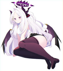 Rule 34 | 1girl, ahoge, ass, black horns, black skirt, black wings, blue archive, blush, breasts, closed mouth, demon horns, demon wings, eko, feet, full body, halo, highres, hina (blue archive), horns, legs, long hair, looking at viewer, multiple horns, no shoes, parted bangs, purple eyes, purple thighhighs, shirt, simple background, skirt, sleeveless, sleeveless shirt, small breasts, solo, thighhighs, toes, very long hair, white background, white hair, white shirt, wings