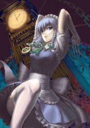 Rule 34 | 1girl, between fingers, blue eyes, braid, clock, clock tower, cuboon, female focus, highres, holding, holding knife, izayoi sakuya, knife, knives between fingers, maid, maid headdress, pocket watch, short hair, silver hair, solo, throwing knife, touhou, tower, twin braids, upskirt, watch, weapon