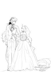 Rule 34 | 1boy, 1girl, absurdres, ascot, bouquet, dress, flower, formal, full body, furina (genshin impact), genshin impact, gloves, greyscale, hetero, highres, holding, holding bouquet, looking at another, monochrome, neuvillette (genshin impact), nugii, off-shoulder dress, off shoulder, simple background, standing, suit, veil, wedding, wedding dress