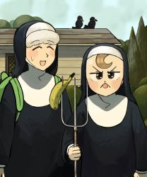 Rule 34 | 2girls, ^ ^, american gothic, backpack, bag, banana, bird, brown eyes, brown hair, closed eyes, crow, diva (hyxpk), fine art parody, food, freckles, froggy nun (diva), fruit, green bag, grey hair, habit, highres, holding, holding pitchfork, hut, little nuns (diva), multiple girls, nun, outdoors, parody, pitchfork, sheep nun (diva), sky, smile, standing, tongue, tongue out, traditional nun, tree