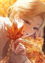 Rule 34 | 1boy, androgynous, artist name, autumn, autumn leaves, blonde hair, blush, braid, commentary request, day, eyelashes, falling leaves, floating hair, grin, haitani ran, hand up, highres, holding, holding leaf, leaf, long hair, long sleeves, looking at viewer, lu lamup, male focus, maple leaf, outdoors, parted bangs, purple eyes, sidelocks, signature, sleeves past wrists, smile, solo, sunlight, sweater, teeth, tokyo revengers, tree, twin braids, upper body, white sweater