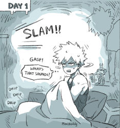 Rule 34 | 2boys, all might, artist name, bakugou katsuki, bed, bedroom, boku no hero academia, character doll, comic, commentary, english commentary, english text, greyscale, highres, indoors, male focus, midoriya izuku, minibuddy, monochrome, multiple boys, open mouth, pillow, scar, scar on arm, scared, short hair, sitting, sound effects, spiked hair, surprised, sweat, tank top, thought bubble, turning head, under covers