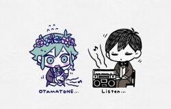 Rule 34 | 2boys, basil (headspace) (omori), basil (omori), black bow, black bowtie, boombox, bow, bowtie, chair, chibi, closed eyes, closed mouth, flower, flying sweatdrops, green bow, green bowtie, green eyes, green hair, head wreath, holding, holding instrument, instrument, long sleeves, multiple boys, musical note, omori, omori (omori), open mouth, otamatone, short hair, simple background, sitting, unitaroukun, white background