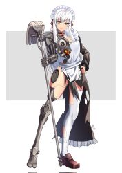 Rule 34 | 1girl, android, apron, black dress, choker, damaged, dress, fadilah r, frilled dress, frills, frown, full body, grey background, hand on own hip, highres, holding, holding mop, joints, loafers, looking at viewer, maid, maid apron, maid headdress, mechanical parts, mop, original, robot joints, shoes, single thighhigh, solo, standing, thighhighs, torn apron, torn clothes, torn dress, torn thighhighs, two-tone background, white background, white hair, yellow eyes