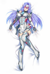 Rule 34 | 1girl, android, bare shoulders, bed sheet, blue hair, breasts, dakimakura (medium), elbow gloves, expressionless, forehead protector, full body, gloves, hair between eyes, hair spread out, kos-mos, kos-mos re:, large breasts, leotard, long hair, looking at viewer, lying, megatama, nintendo, on back, red eyes, sheet grab, solo, standing, thighhighs, very long hair, white leotard, xenoblade chronicles (series), xenoblade chronicles 2, xenoblade chronicles (series), xenoblade chronicles 2, xenosaga