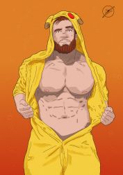 Rule 34 | absurdres, bara, gradient background, highres, male focus, muscular, nipples, orange background, pikachu costume, self-upload, solo, spaceguybob